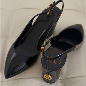 Valentino Garavani Glossy Black Wedges with Gold Accents